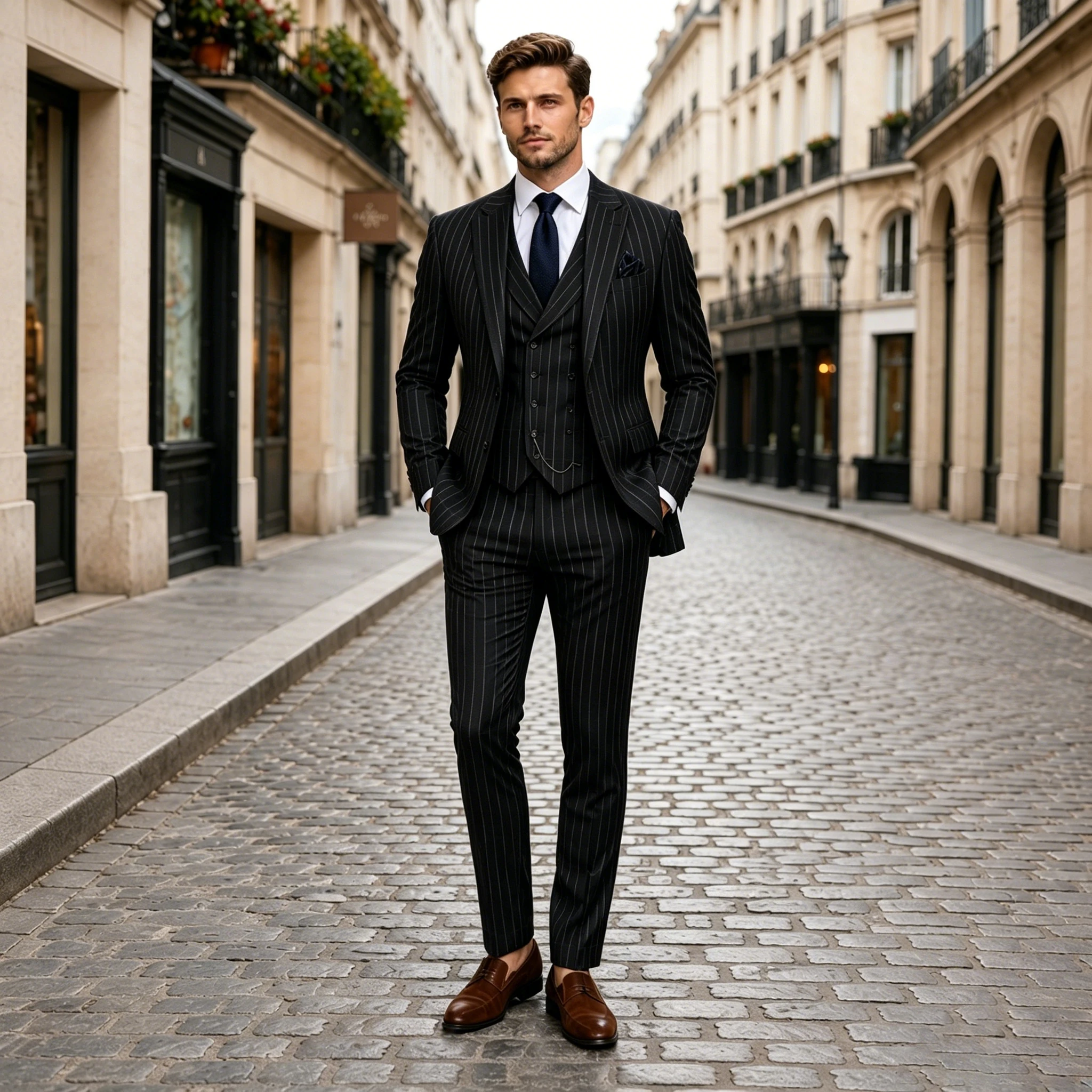 

Customized Men's Suits Pinstripe3 Pcs Peaked Lapel Single Breasted Groom Slim Fit Suit for Man Tuxedo Office Business Blazer