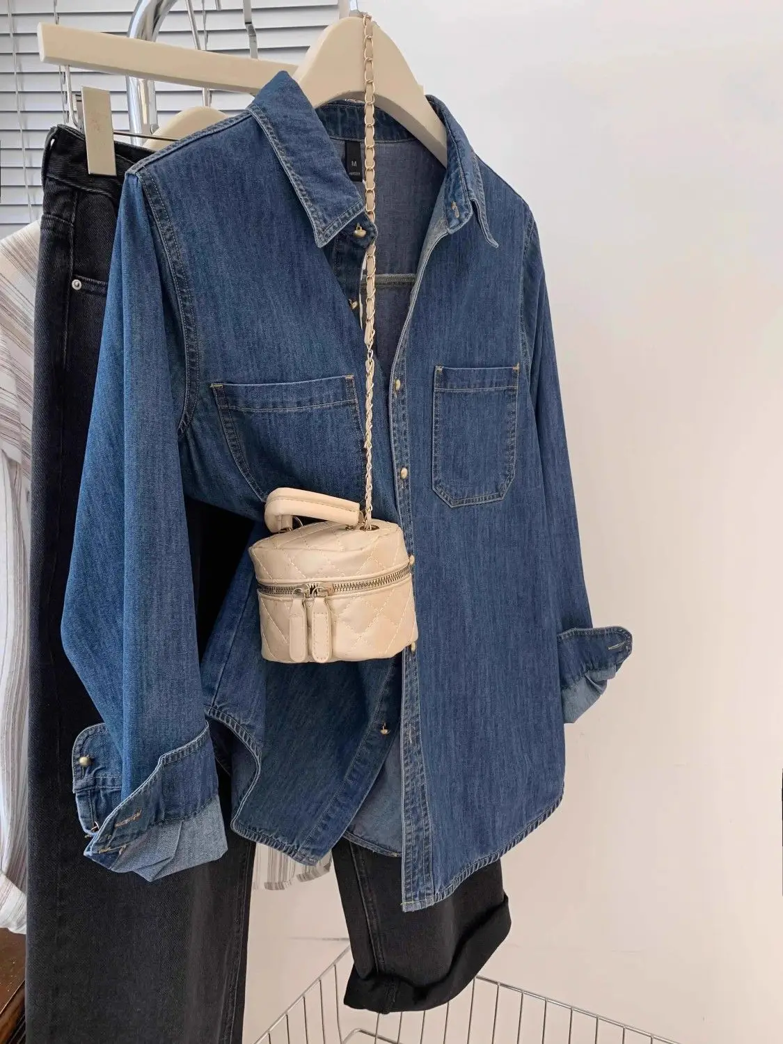 الرجعية الأزرق قميص دينيم سترة المرأة ربيع الخريف جديد الدنيم معطف بلوزة 2025 المرأة فضفاض الجينز قميص معطف طويل الدنيم للنساء