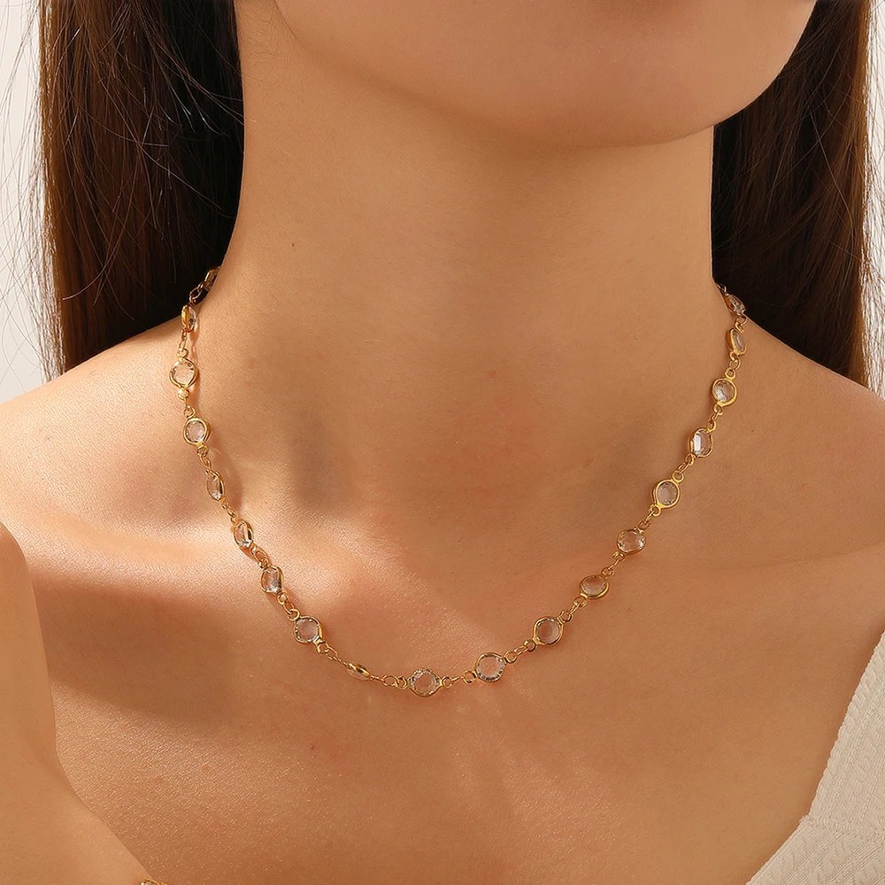 LAMENGLY 316L Stainless Steel Exquisite Crystal Inlay Geometric Shape Series Necklace Women Minimalist Style Neck Chain Jewelry