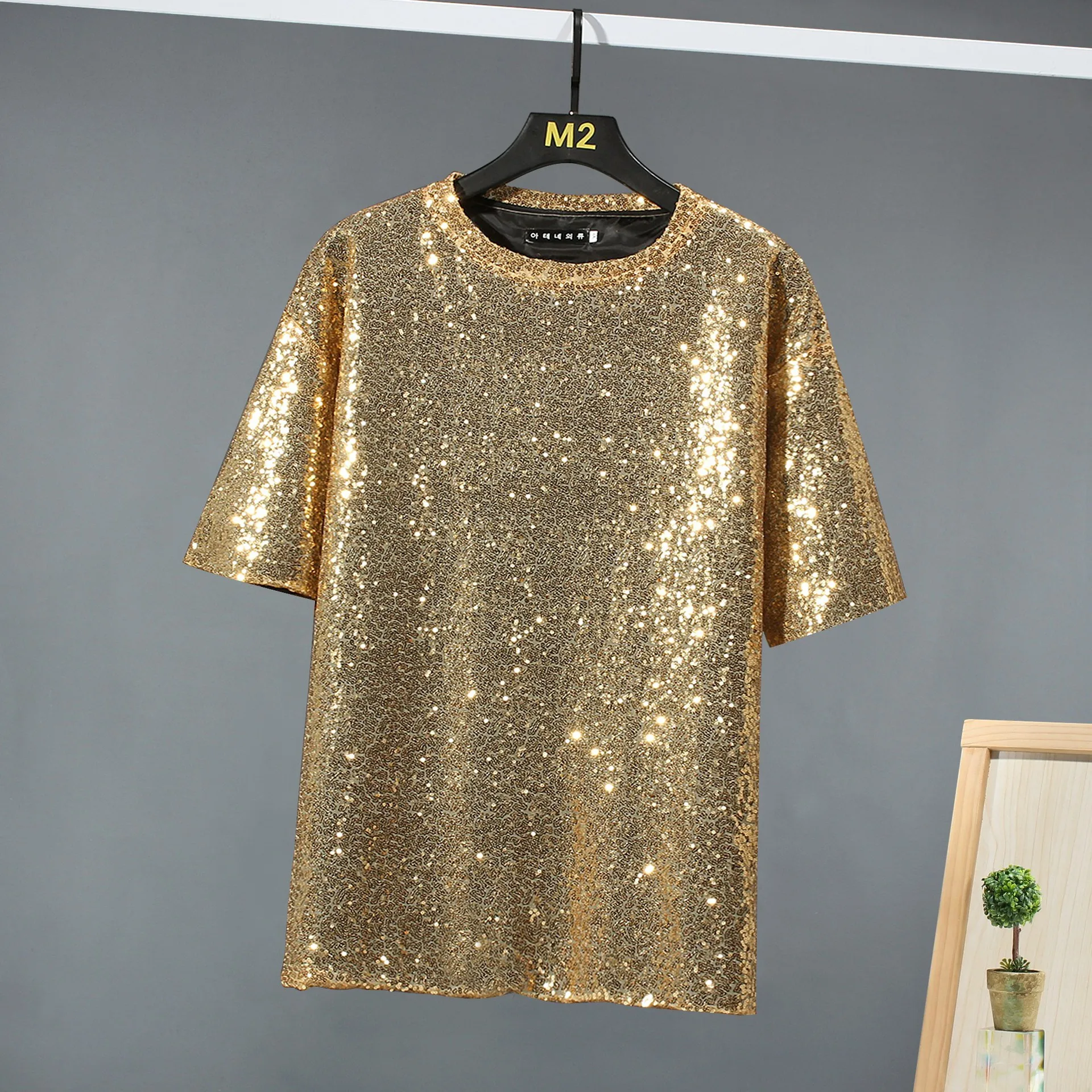 Mens Shiny Gold Sparkle Sequins 1970s Disco Party Club Costume T Shirt Short Sleeve Glitter T-shirt Hip Hop Streetwear Camiseta