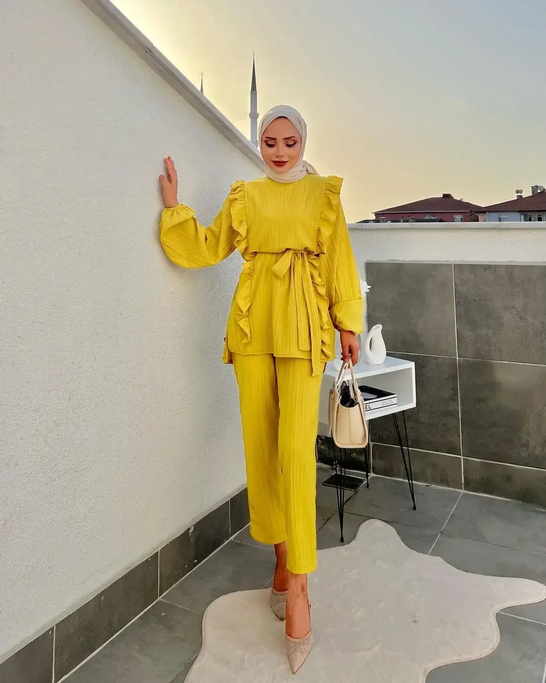 Women Eid Muslim Sets Two Pieces Kaftan Islam Ensemble Blouses Solid Ruffles Belt Wide Leg Pants Arab Casual Loose Pleated