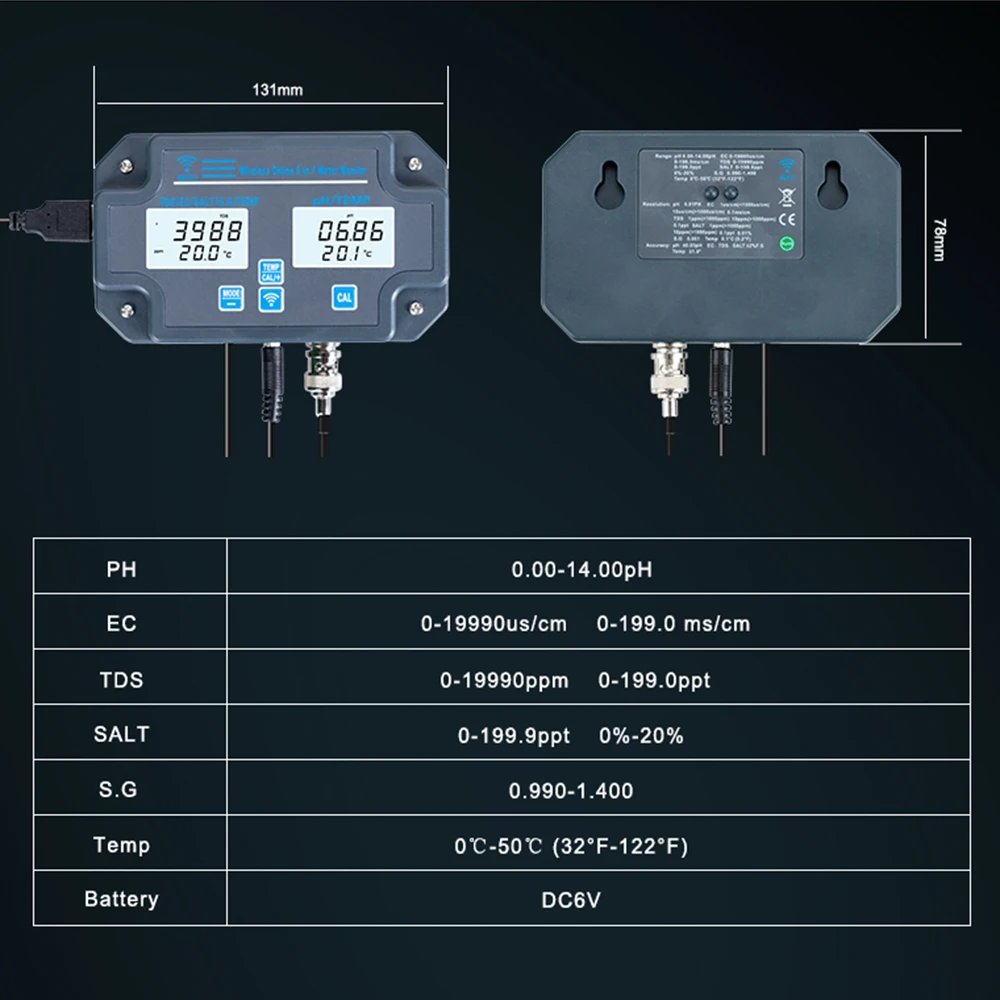 6 in 1 Smart Water Quality Tester multifunzione PH EC TDS SAL S.G Temp Analyzer APP Monitor remoto per acquacoltura d\'acquario