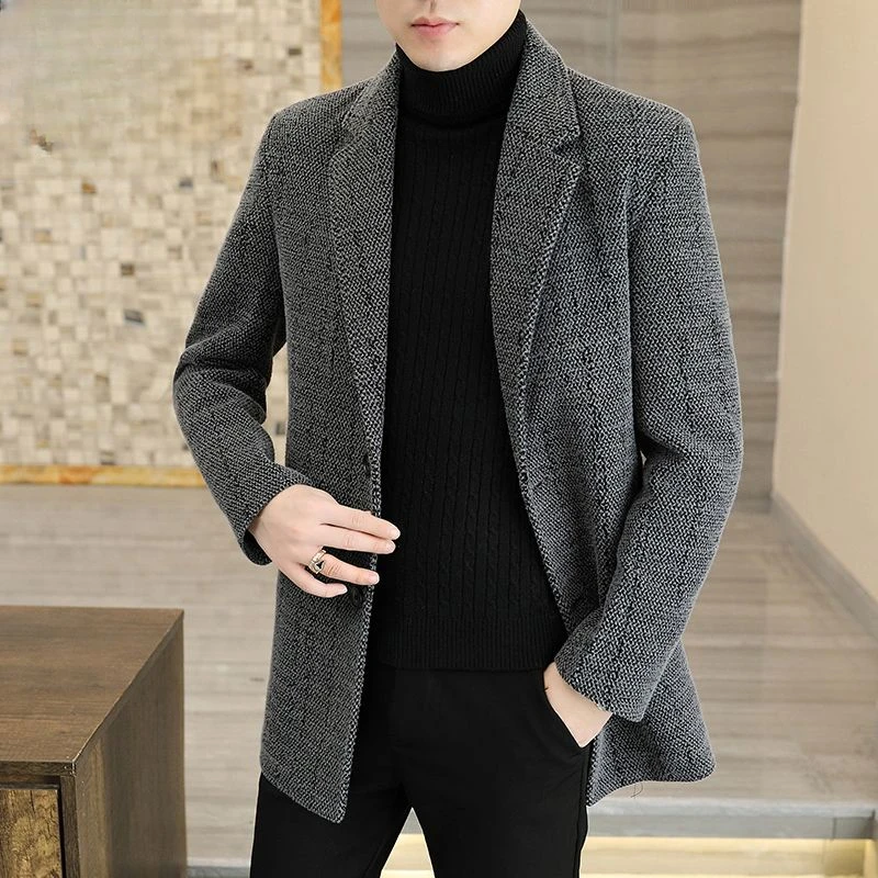 

2023 New Men Slim-Fit Cashmere Coat Man Mid-Length Suit Collar Business Casual Woolen Outwear Winter Thicken Large Size Outcoat