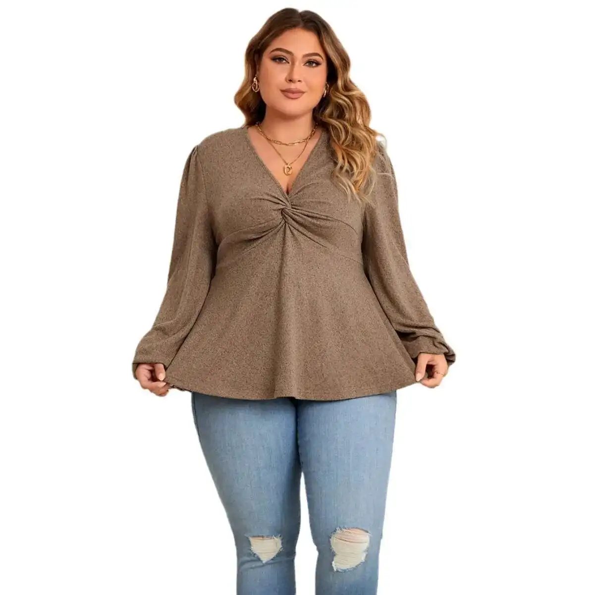 2025 Autunno di Nuovo Modo Più Il Formato delle Donne di Colore Solido Con Scollo A V A Maniche Lunghe Casual Top 2025 Partito di Estate Elegantes Casual Y2k