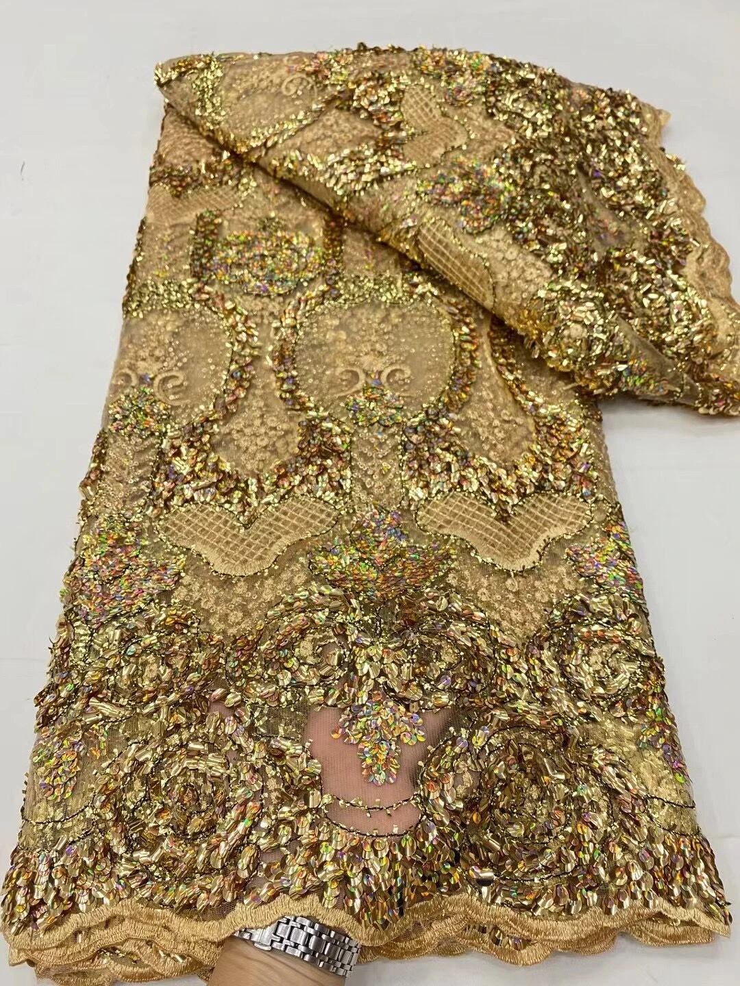 African Nigerian Gold 5Yards Mesh Sequins Design Lace Fabric Embroidery Wedding Dress For Women Fabrics By The Sewing Meters