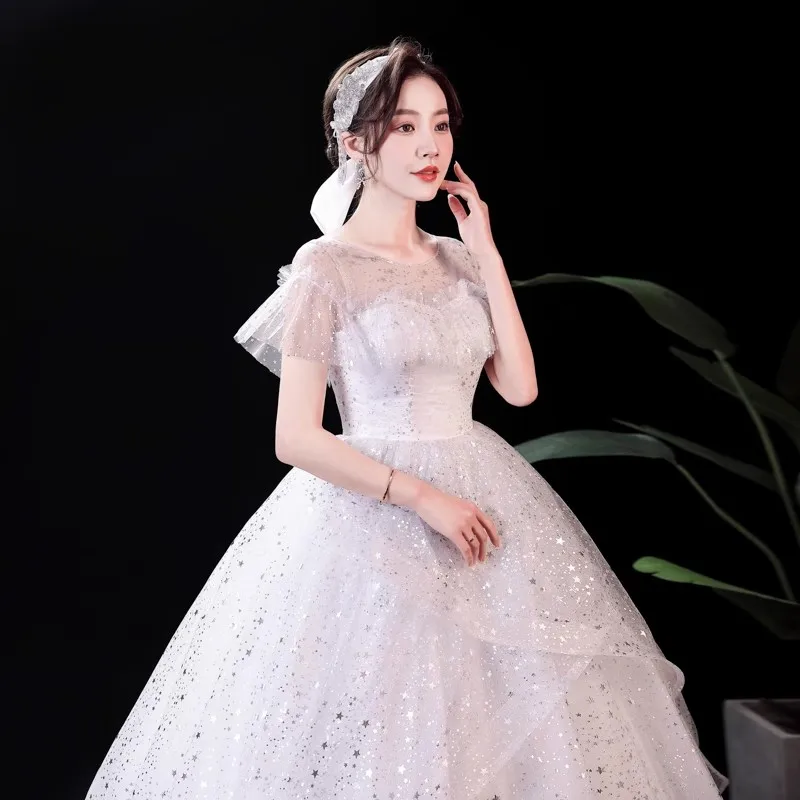 It's Yiiya Wedding Dress Cheap White Bling O-neck Ruffles Short Sleeve Lace up Trailing Princess Bride Ball Gown Plus size XN051