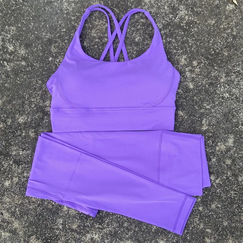 Solid Color Gym Yoga Set Women Yoga Set 2 Piece Workout Tracksuit Fitness Suit High Waist Legging Cross Back sports Bra athletic