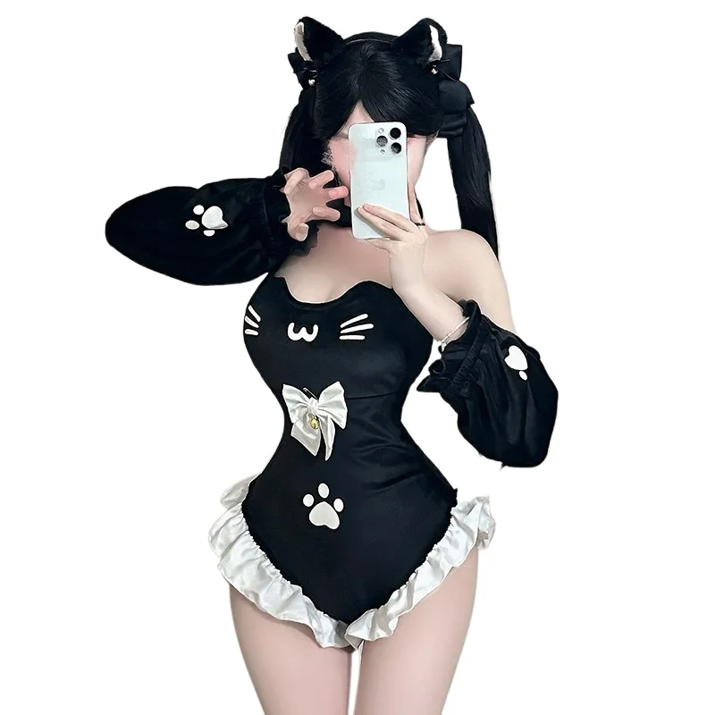 

Anime Sexy Cat Girl Uniform Cosplay Costume Paw Bodysuit Women Backless Underwear Bow Bell Role Play Lingerie Outfits Nightwear