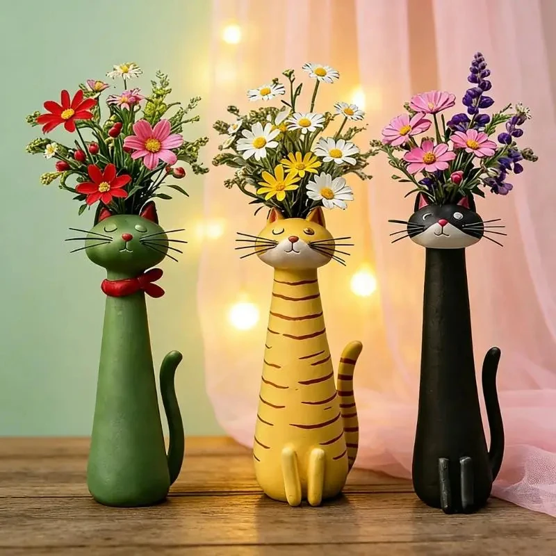 Cute Cat Shaped Flower Vase for Home Decor Resin Cartoon Planter for Artificial Flowers Unique Cat Lover Gift for Living Room