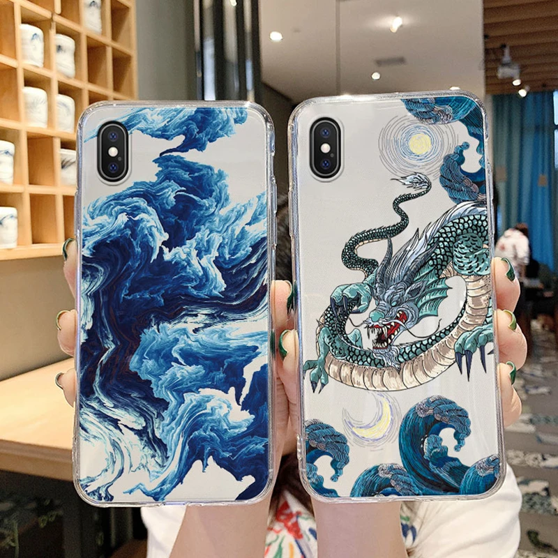 For iphone 10 X XS Max Silicone Transparent Clear Soft Apple x xs max Phone Cases Dragon in Marble Pattern Kanagawa Surfing Case