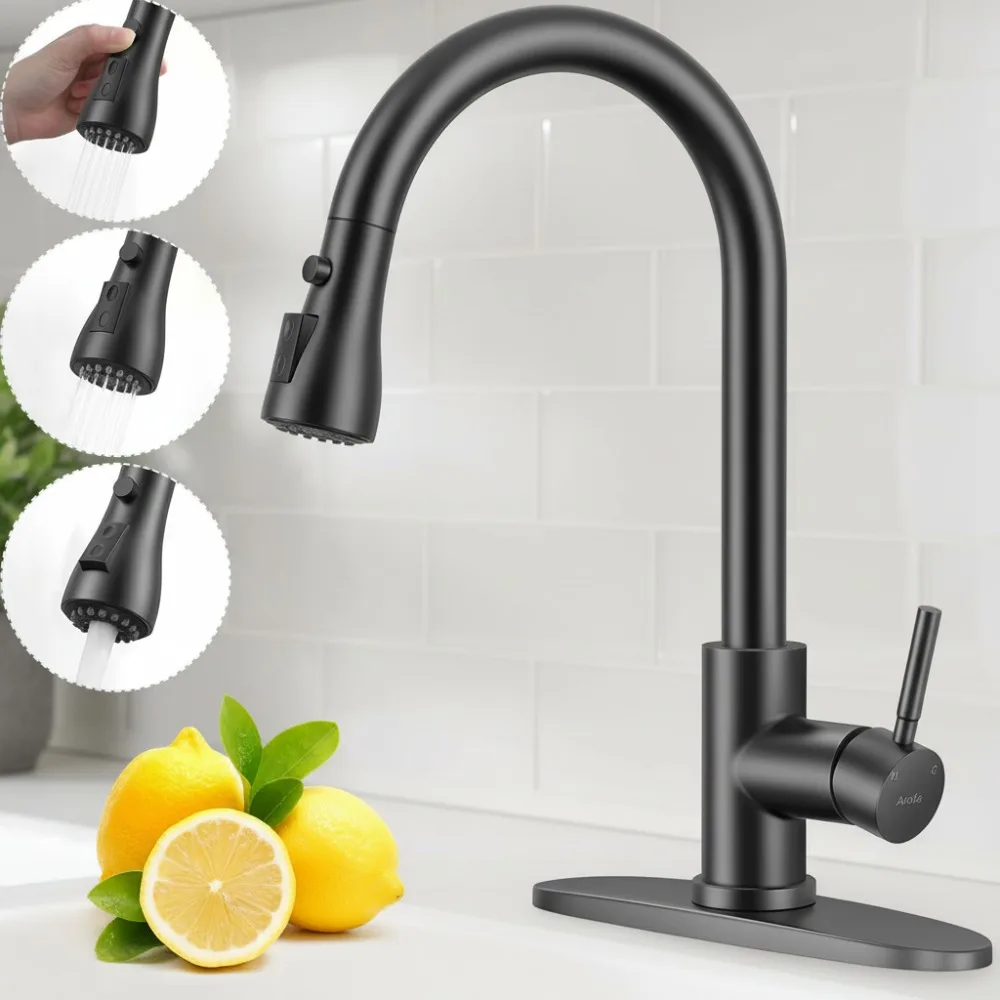 

Matte Black Kitchen Faucet with Pull Down Sprayer, Single Handle Stainless Steel for Farmhouse RV Bar Sinks