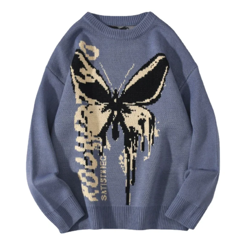 

Fashion Hip Hop Knit Sweater for Men Harajuku Butterfly Graphic Sweaters Unisex Streetwear Trend Crewneck Loose Pullovers Tops