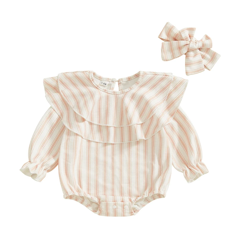 Baby Girls Striped Romper Double Layers Ruffled Long Sleeve Jumpsuits and Cute Headband Set for Toddler Infant Outfits