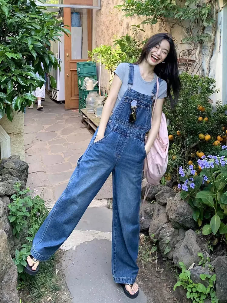 

American Retro Denim Overalls Women Summer High Street Loose Straight Leg Wide Leg Workwear Pants Casual Style New Wash