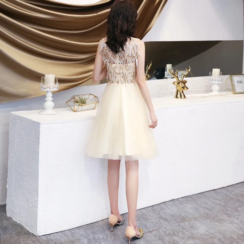 New Champagne Color Short Sequin Mini Cocktail Dresses DongCMY Elegant Prom Gown For Women