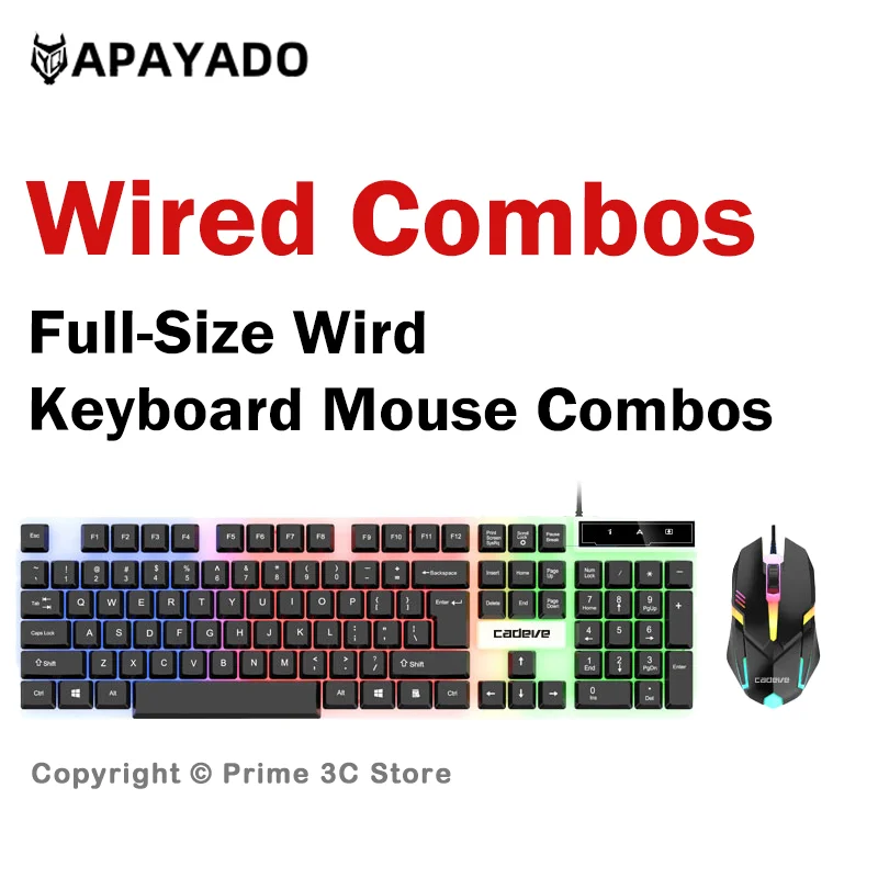APAYADO LDK9122 USB Wired Gaming Keyboard and Mouse Set 104-Key Full Size Colorful LED Backlit 1600 DPI 3-Key Mouse