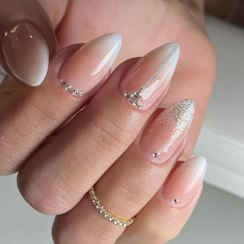 24pcs Pink White Gradient with Diamonds Sequins False Nails Almond Medium Long Nail Art Wedding Bride Press on Nails for Gluing