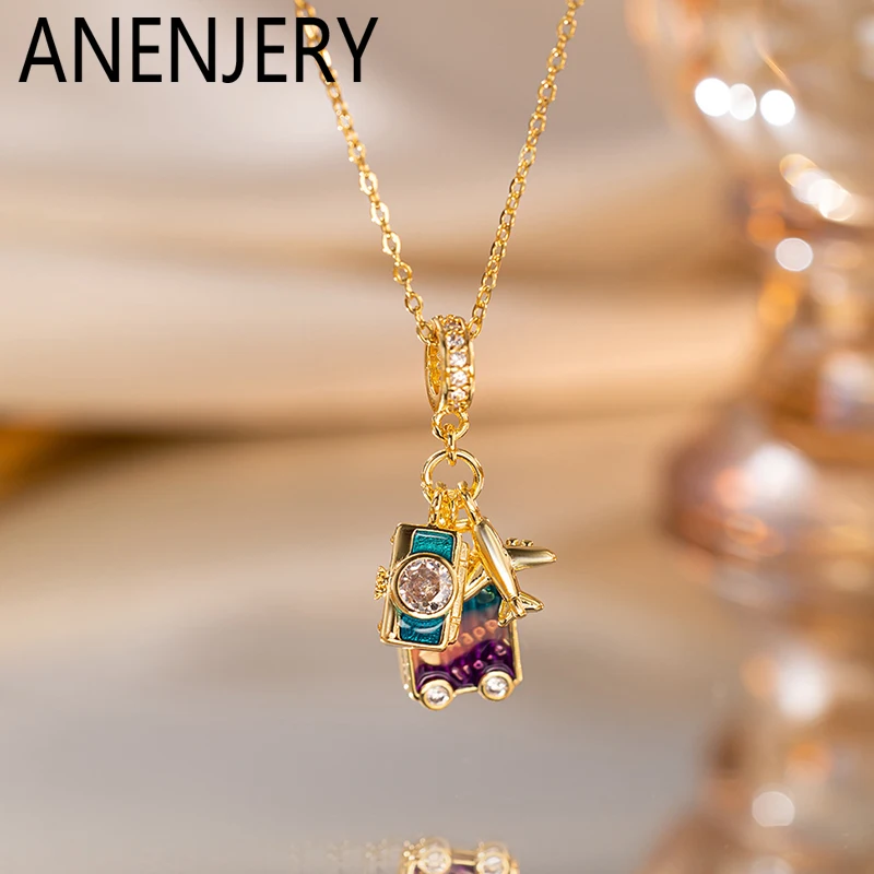 ANENJERY 316L Stainless Steel Aircraft Camera Pendant Necklace for Women 