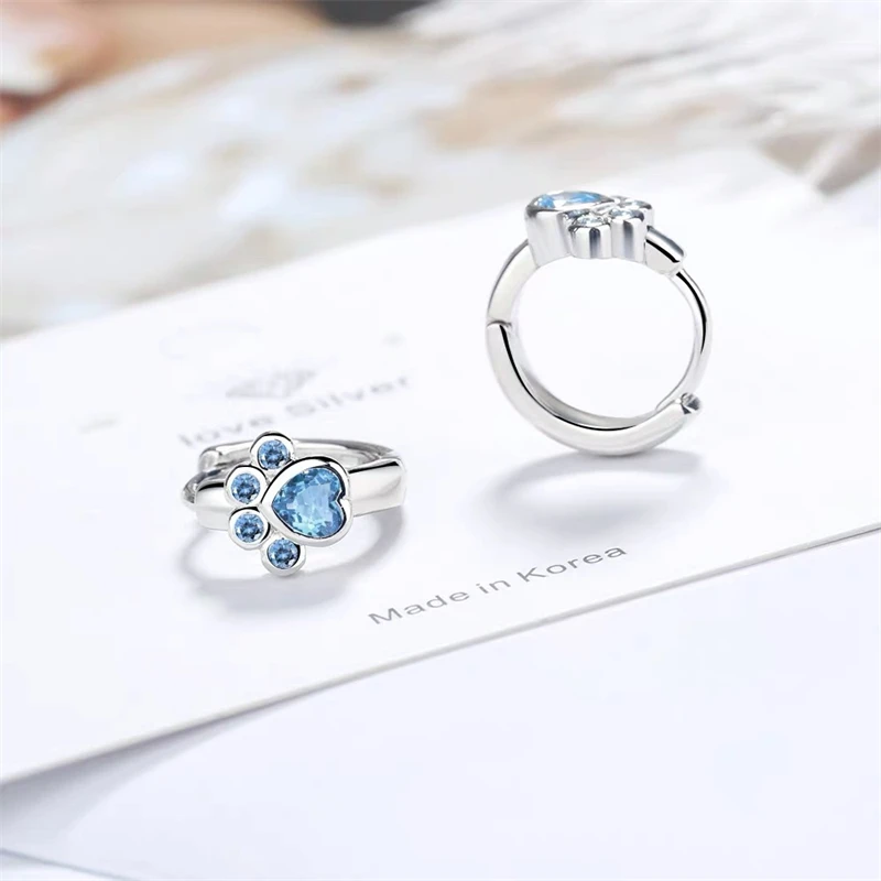 Silver Color Cat Paw Hoop Earrings Light Blue Heart Shape Round Crystal Stone Cute Girls Earrings Jewelry Festival  Party image 3