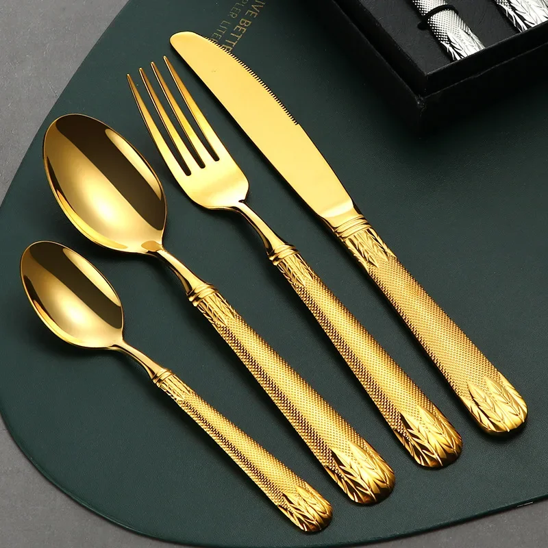 4Pcs Golden Dinnerware Stainless Steel Flat Wheat Ears Handle Dinner Knife Fork Cutlery Set Service Silverware Flatware Kitchen