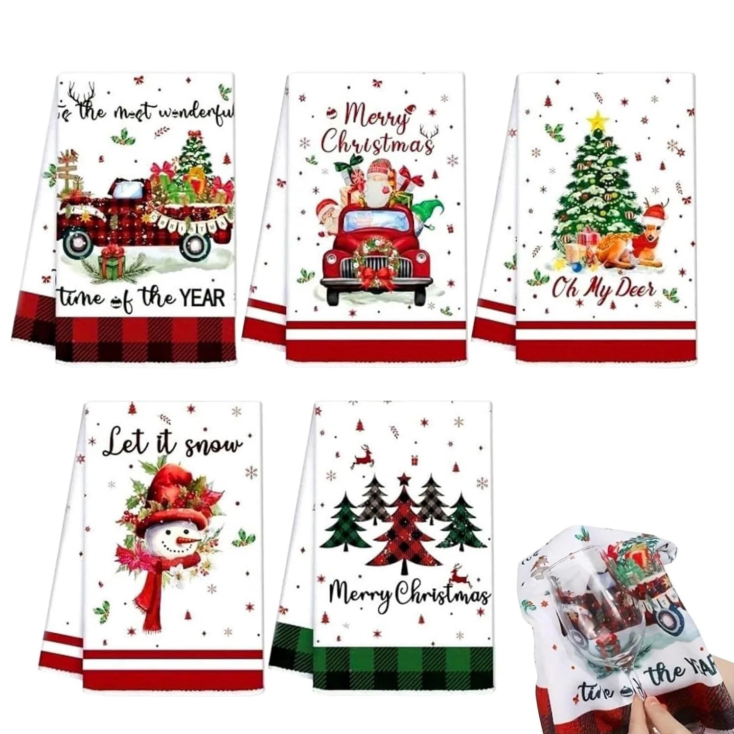 5pcs Christmas Hand Towels for Kitchen Santa Elk Snowman Christmas Patterns Dishcloth Water Absorption Towels Multifunctional