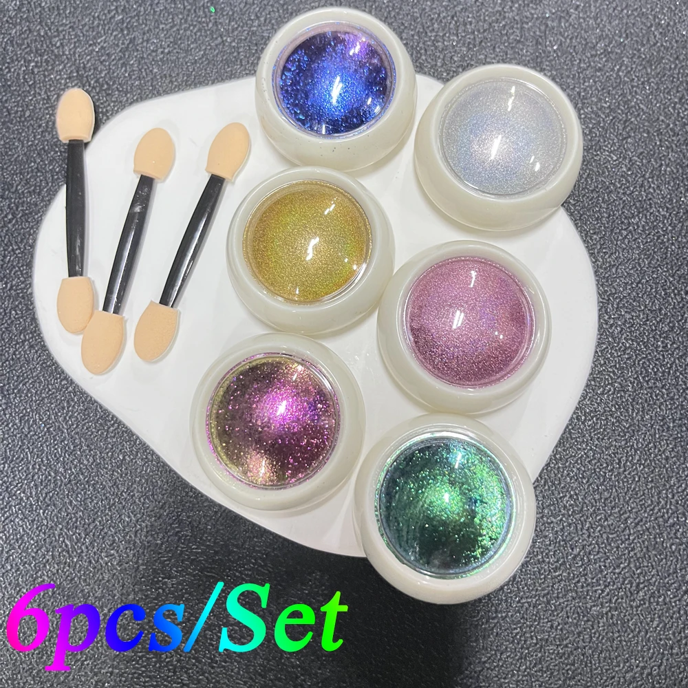 6Jar/Set Chameleon Chrome Nail Powder Set 6Color Iridescent Chameleon Nail Effect Opal Nails Powder DIY Manicure Glitter Powders