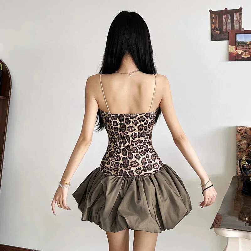 เซ็กซี่เสือดาวพิมพ์ PUFFY ชุดมินิผู้หญิงแฟชั่น Suspendency Patchwork ดอกไม้ Bud ชุดเดรสหญิงแนวโน้ม Streetwear Robes
