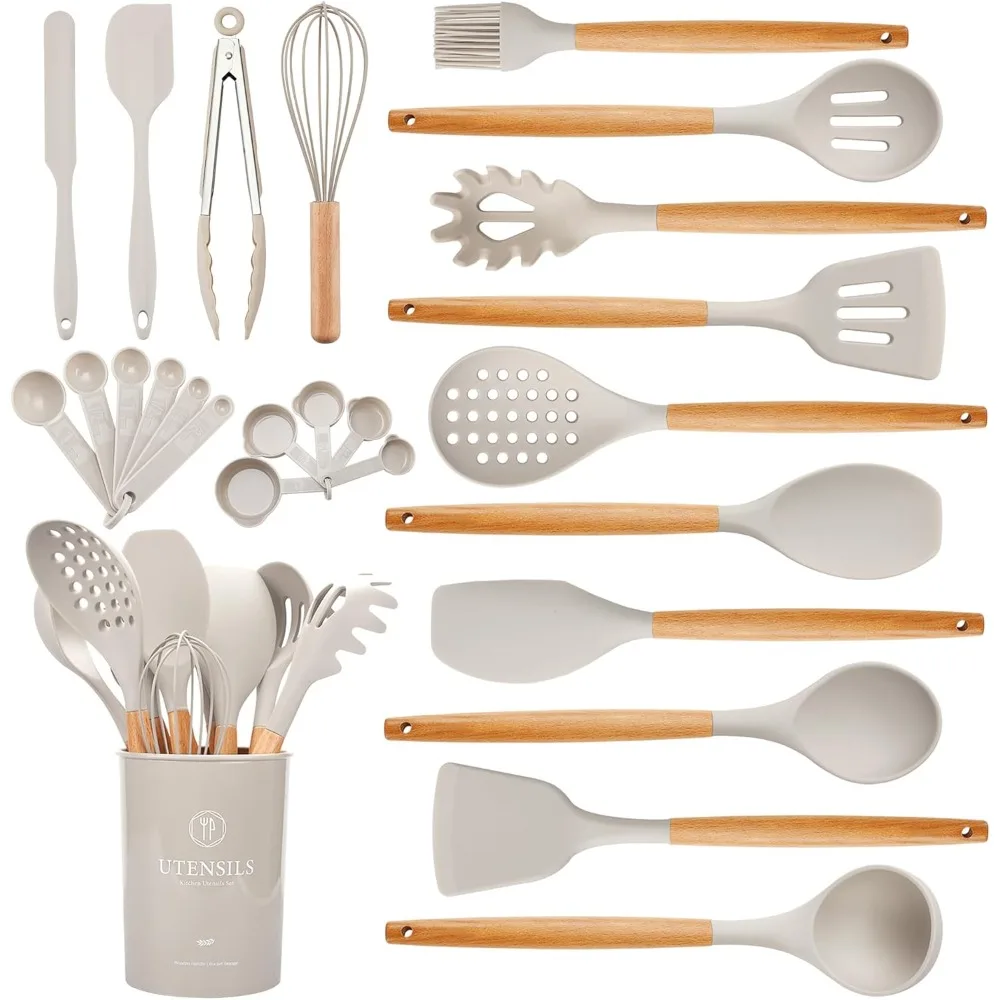 

silicone cooking utensils set with wooden handle, 26 pieces heat resistance kitchen utensils set with storage holder, food grade