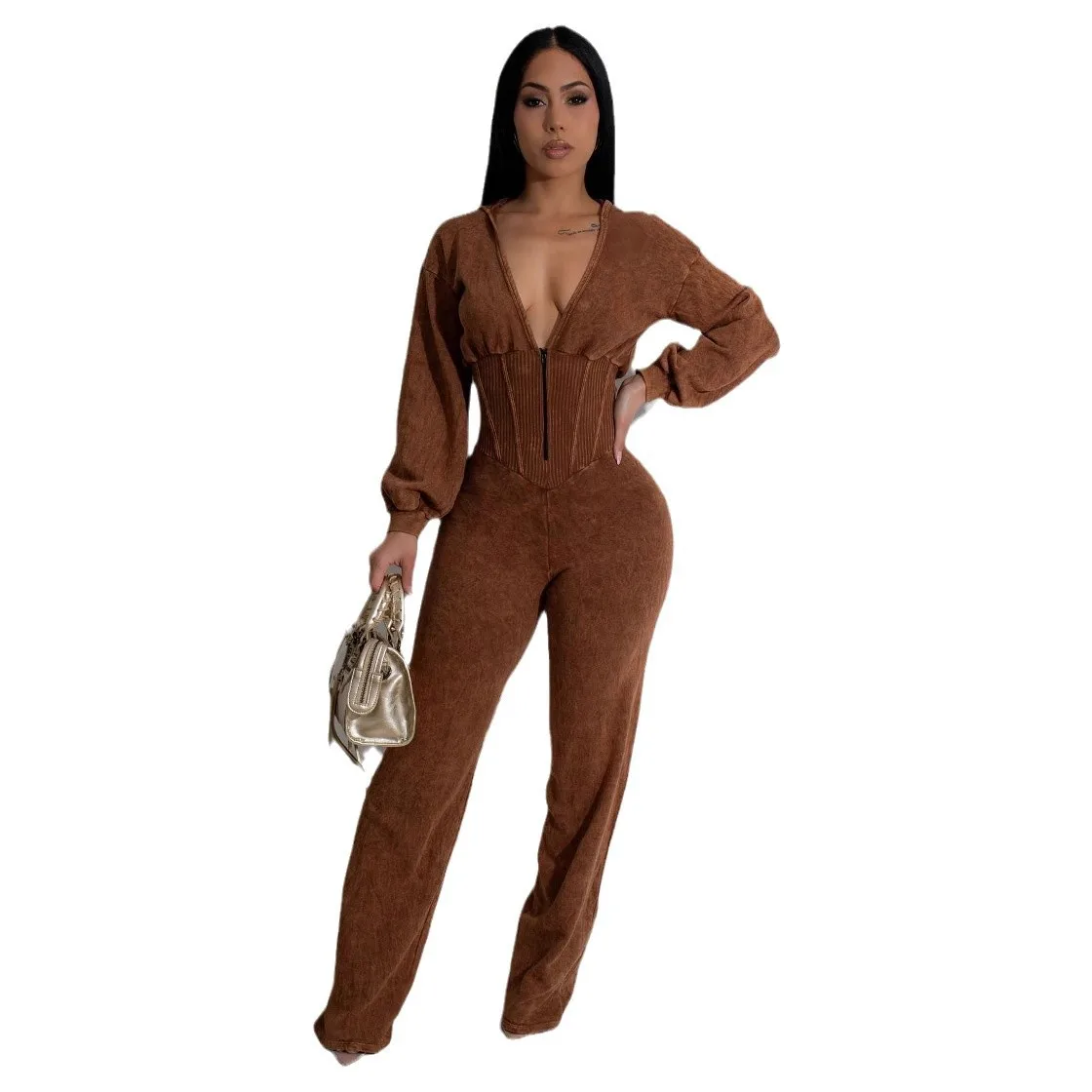 EINY Y2K Fashion Women Knit Ribbed Long Sleeve Sports Fitness Jumpsuit V-Neck Washed Street Party Outfits One Piece Suit Rompers