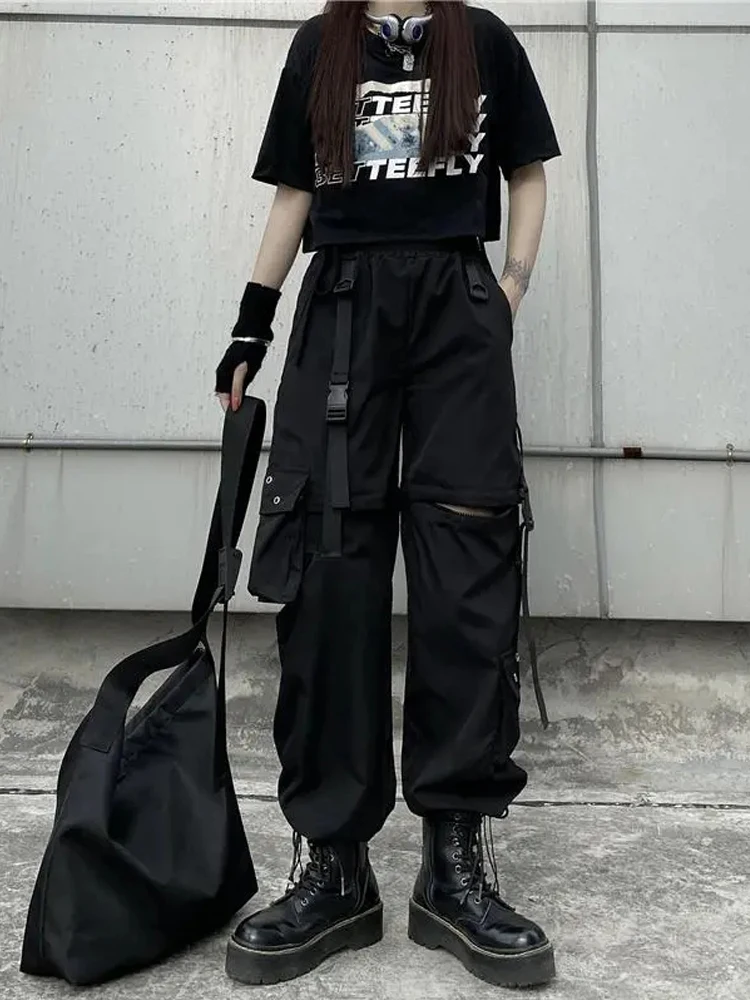 

Cargo Pants Womens Hollow Out Joggers Goth Emo Oversize Pocket Female Casual Teens Hippie Punk Harem Harajuku Trousers