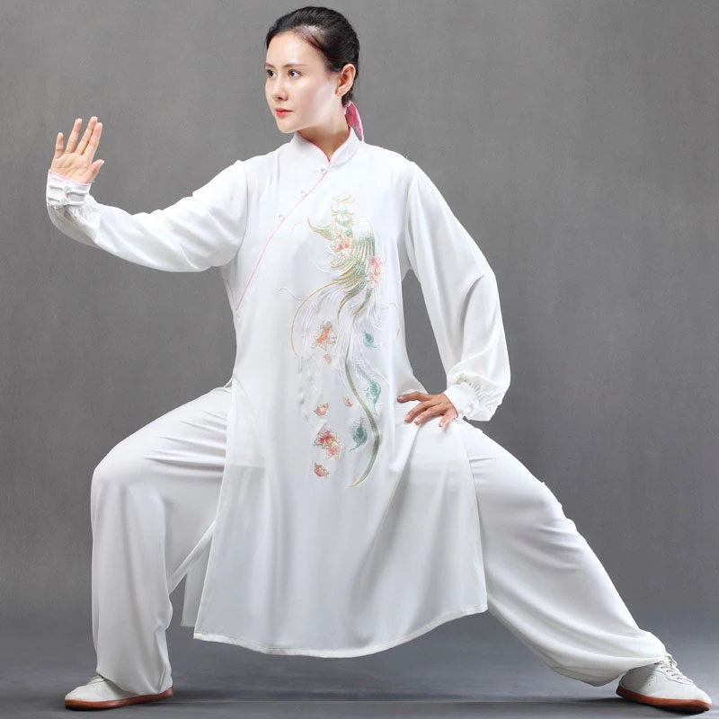 Custom Made Phoenix Floral Tai Chi Suit, Women's Asymmetrical Long Spring/Autumn Brand Premium Practice Wear