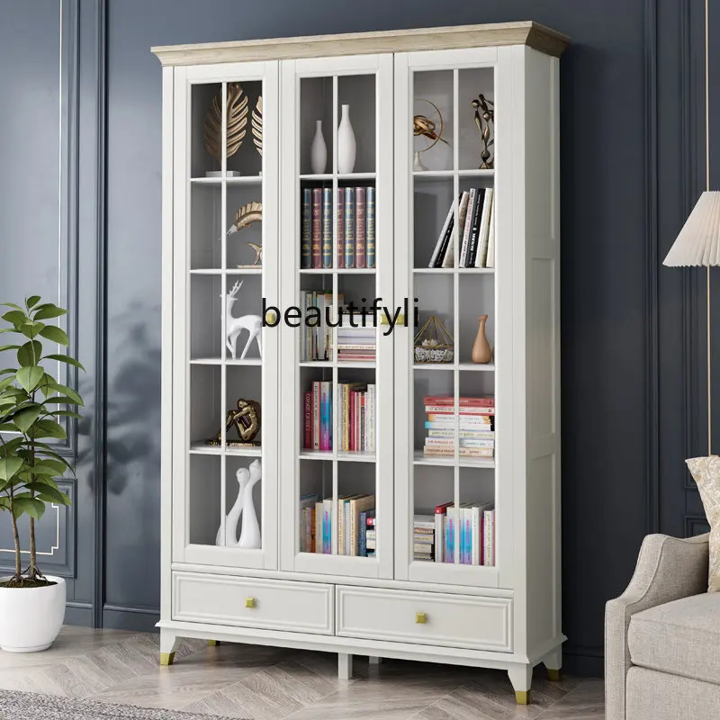 

American Light Luxury Solid Wood Bookcase Floor Sliding Glass Door Integrated Storage Organizer Cabinet Study Shelf