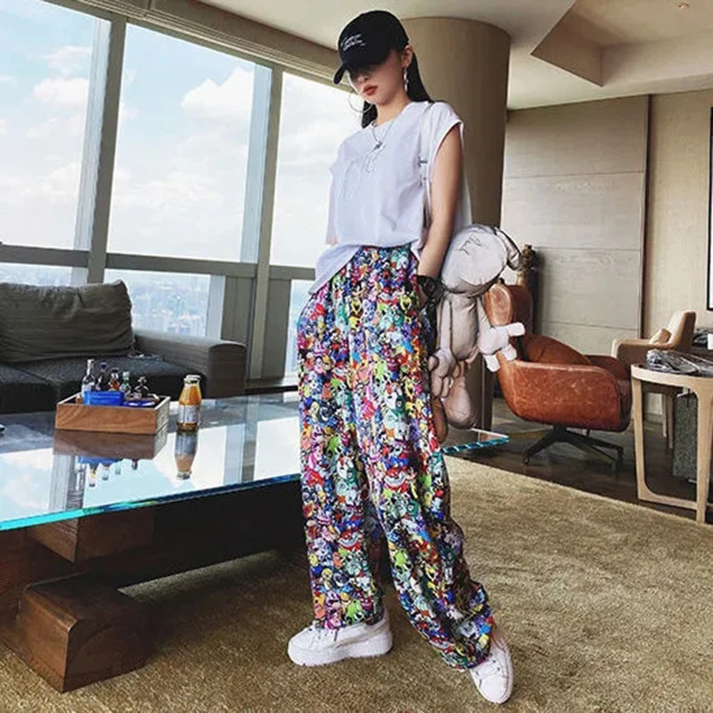 Cartoon Print Casual Pants Women Trendy Wide Leg Pants Summer Comfortable Womens Loose Trousers Pantalons Femmes Lady Sweatpant