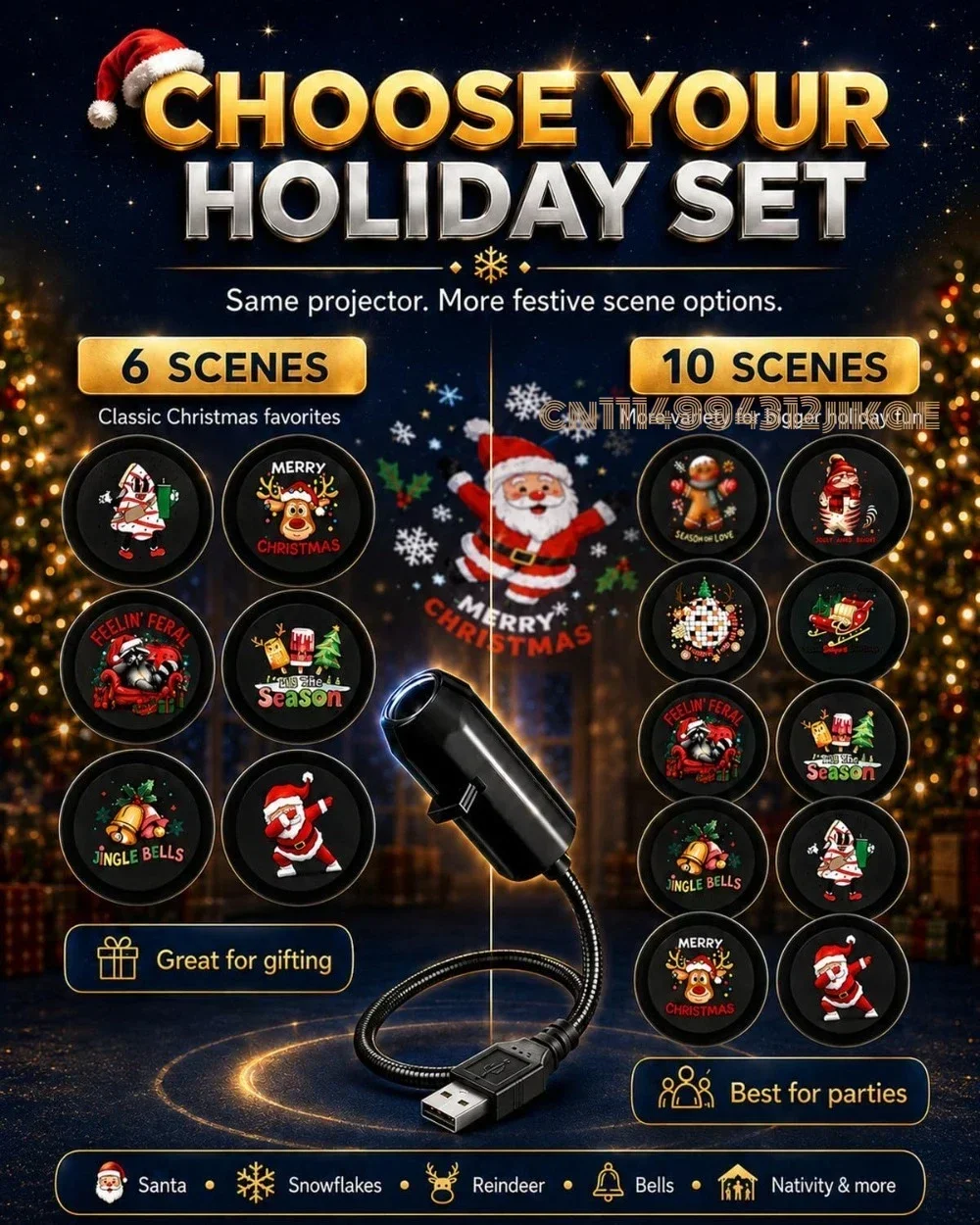 Plug-&-Play HD Christmas Projector - with 360° Rotating, 5D Holographic Night Light Projector for Room Decor Party Xmas Gifts