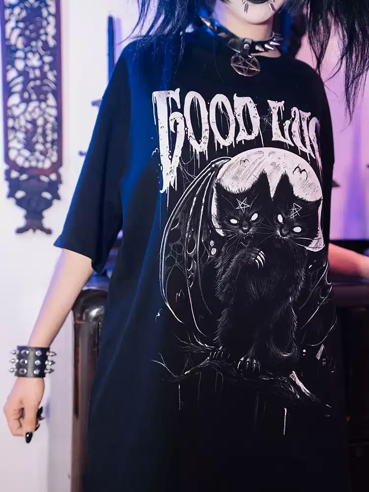 Dark Rock Y2K Gothic Punk Two Dimensional Print T Shirt 2026 Summer Loose Casual Crew Neck Short Sleeved Tshirt Black Top Women