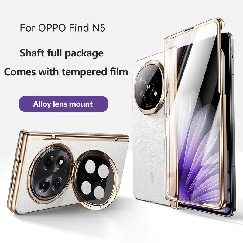 

Electroplating Hinge Bracket Case For OPPO Find N5 Findn5 5G PU Leather Alloy Lens Holder Protective Cover With Tempered Glass