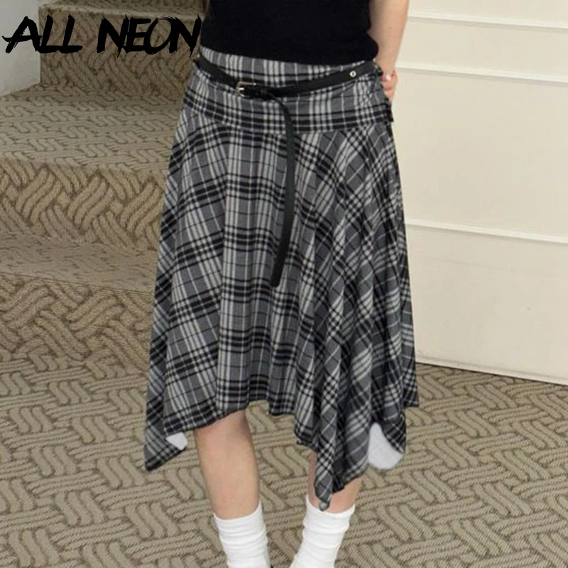 

ALLNeon Preppy Style Retro Lattice Irregular Hem Mid Skirts 90S E-girl Sweet Pleat Skirt Casual Women Fashion Techwear Y2K Cloth