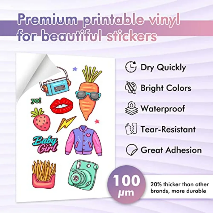 Printable Vinyl Sticker Paper for Inkjet Printers - Sheets Glossy White Water-Resistant Adhesive Label Paper - 8.5x11 Inch, Tea