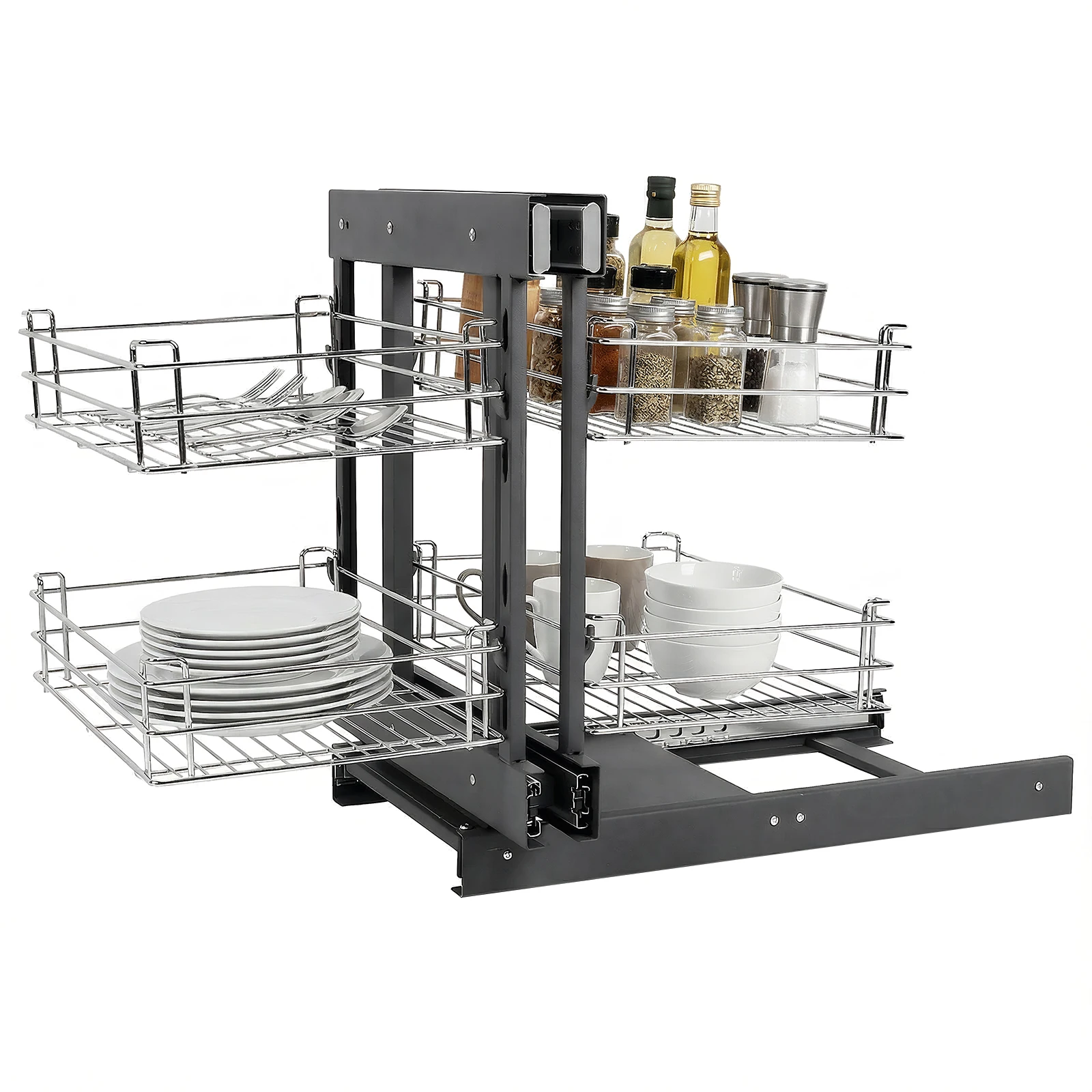 

Dual Tier Pull-Out Basket Damping Buffer Dish Basket Left Open & Right Open Compatible for Blind Corner Kitchen Or Bathroom