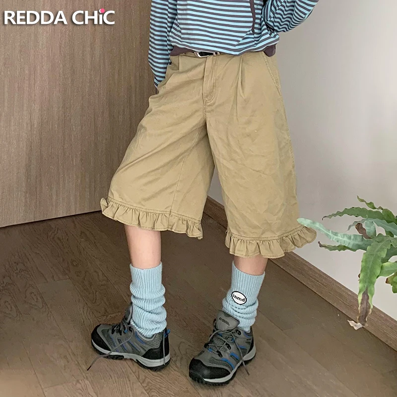 

ReddaChic Stitch с оборкой, женские мешковатые джерсы, однотонные плиссированные повседневные шорты с карманами и высокой талией, брюки-бермуды, корейская летняя одежда