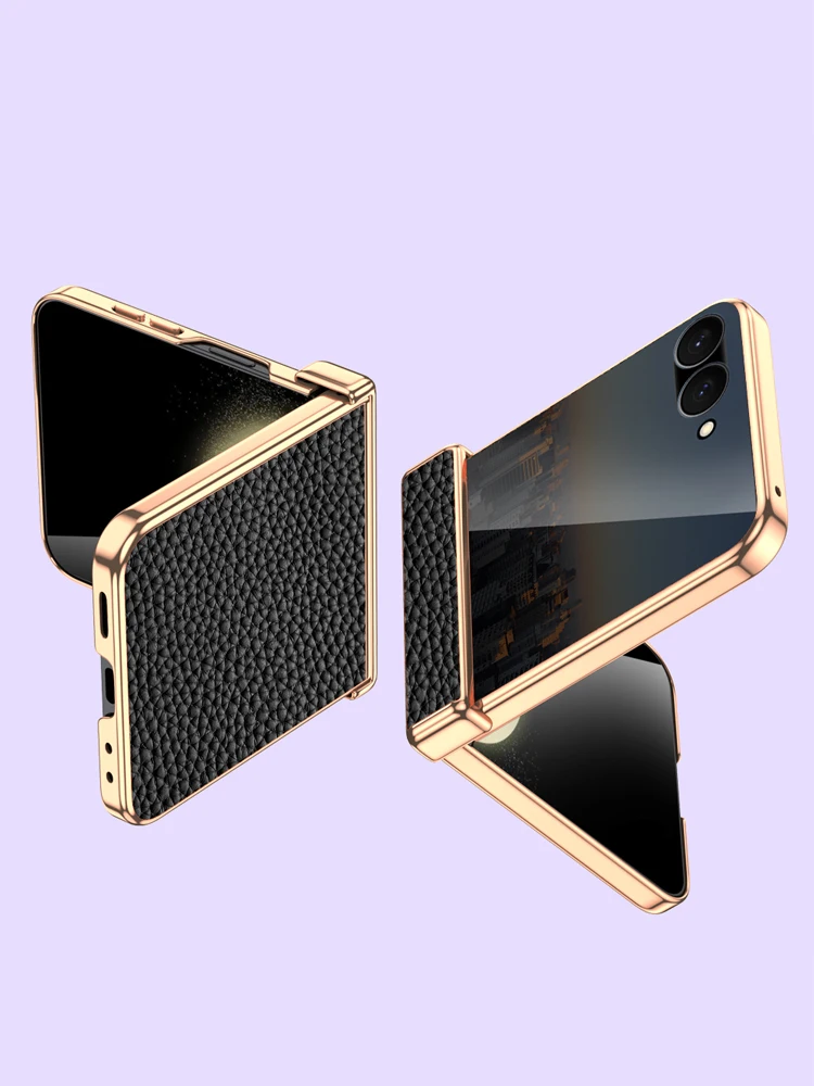 Cowhide Leather Phone Case for Samsung Galaxy Z Flip 7 FE 5G 6 5 Flip7 Flip6 Flip5 Luxury Hinge Back Cover with Tempered Glass