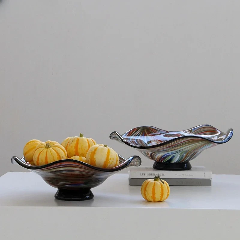 Colorful Stripes Glass Fruits Tray Wavy Edge Fruit Bowl Decorative Storage Trays Hotel Restaurant Fruit Plate Dessert Cutlery
