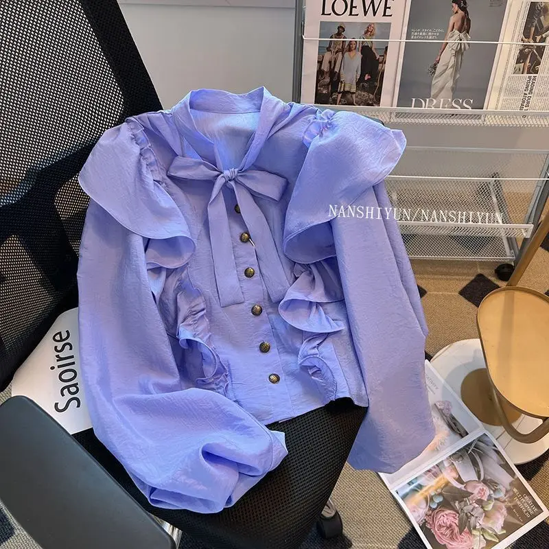 Spring Autumn Solid Color Office Lady Patchwork Women\'s Clothing Loose Tops Sweet Long Sleeve New Fashion Ladies V-neck Blouses