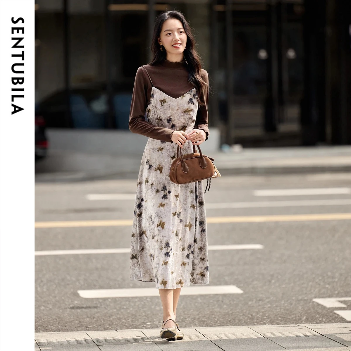 SENTUBILA Women's Elegant Dress Set 2026 Winter Viscose Mock Neck Knit Top Tie‑dye Cami Dress Commuter Two Piece Set 154ZB3447