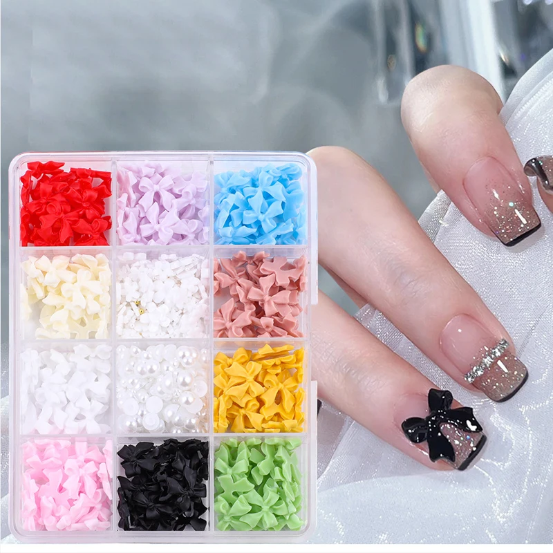 12Grid 3D Nail Accessories Nail Charm Resin Love Bow Pentagram Nail Accessories Mixed Pink White Resin Hollow Pearl for Manicure