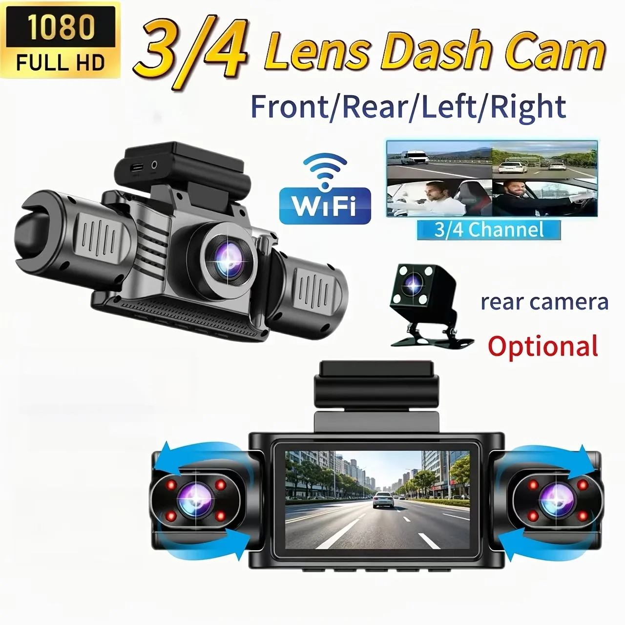 3/4-Kanal 1080P FHD Dashcam, WLAN-verbunden, drehbares Objektiv, Nachtsicht, einfache Installation für Autos