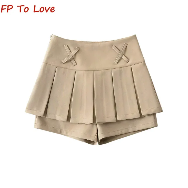 Y2K College Style Teenage Low Waisted Skirt Spice Girls Pleated Culottes Anti-Walking A-Line Skirt