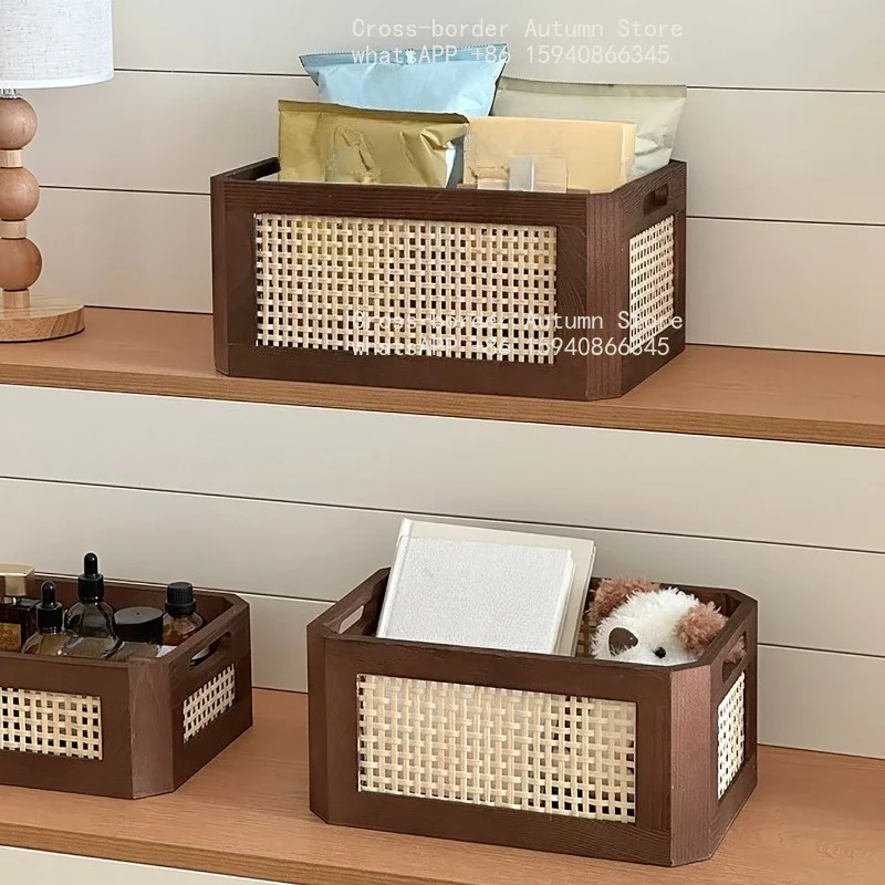 Japanese-style solid wood desktop book sorting storage box, living room tea table, snacks, sundries, retro wooden bamboo