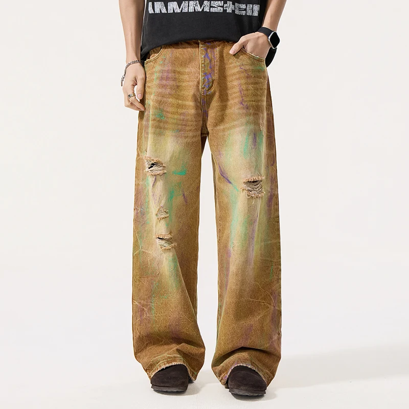 Graffiti Broken Hole Ripped Jeans Men Streetwear Hip Hop Loose Casual Straight Khaki Denim Jeans Pants Cityboy Jeans Trousers
