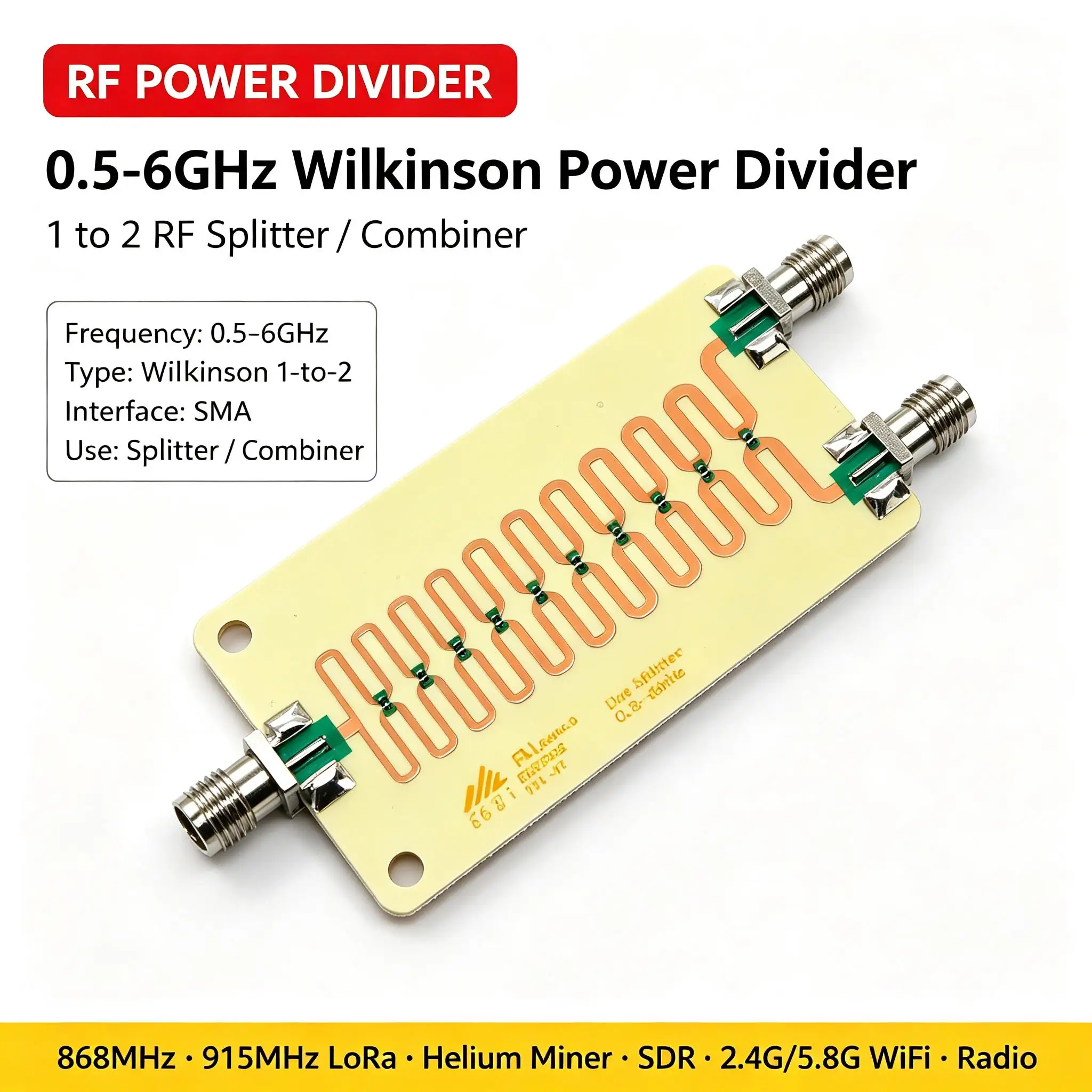 DYKB 0.5-6GHz RF Splitter Combiner SMA 1:2 Wilkinson Divider High Isolation Low Loss 868M 915M SDR 2.4G 5.8G WiFi Helium Miner